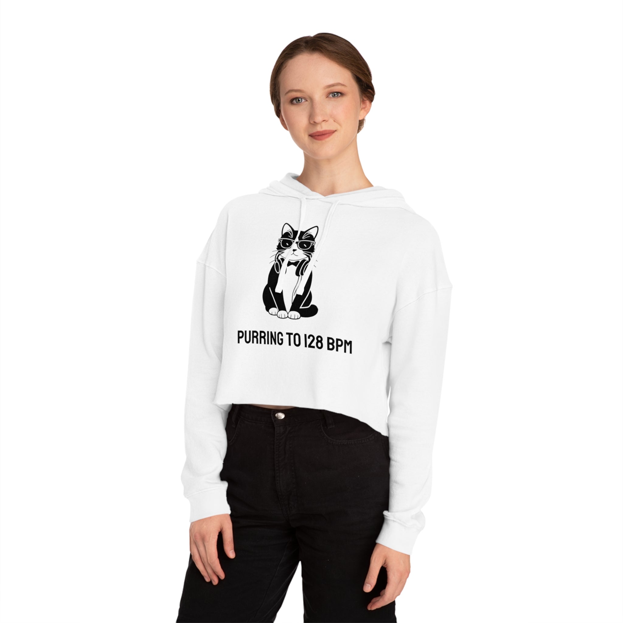House Cat Radio™ Women's Cropped Hoodie — Purring at 128 BPM